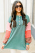 Button Henley Patchwork Textured Knit Balloon Sleeve Top Longline Casual